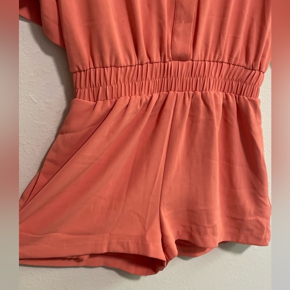 BCBGeneration Short Sleeve Romper Button Front Elastic Waist Collared Coral S - Picture 6 of 6